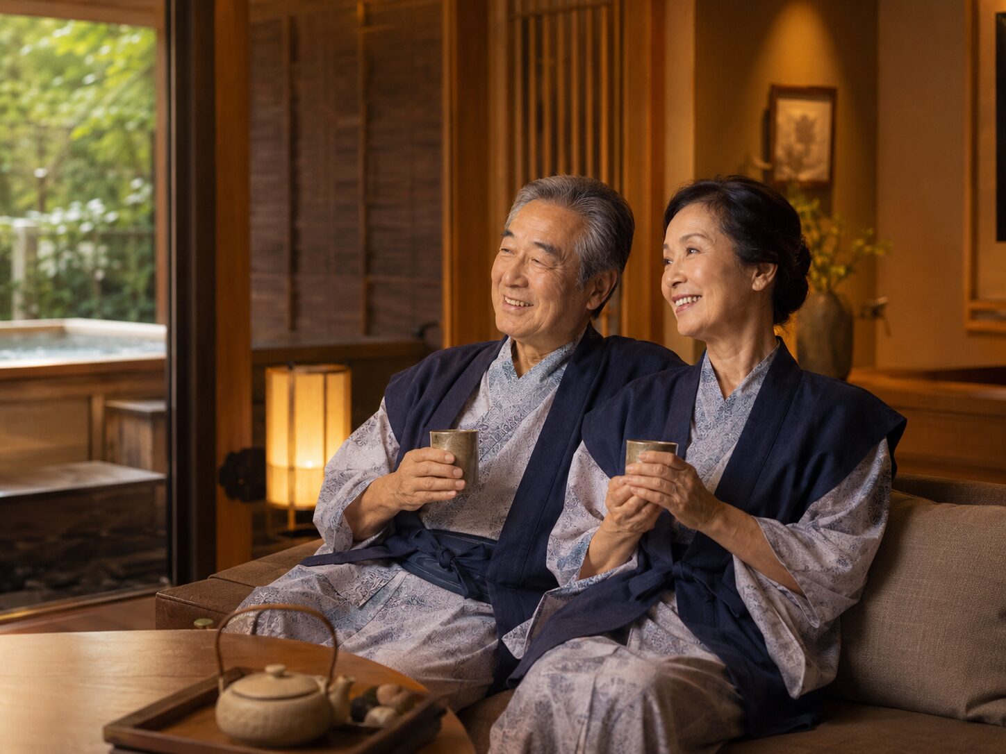 温泉旅館のお部屋でくつろぐご夫婦のイメージ