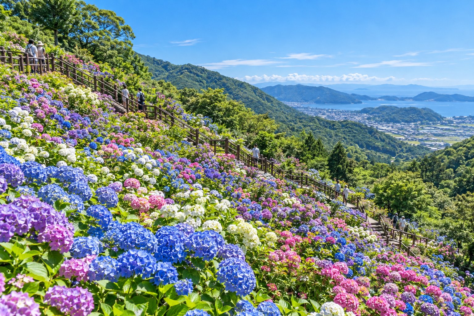 Hydrangeas blooming on the hillside at Katahara Onsen Hydrangea Village